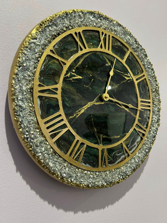 clock with green and withe metallic epoxy and gold accents