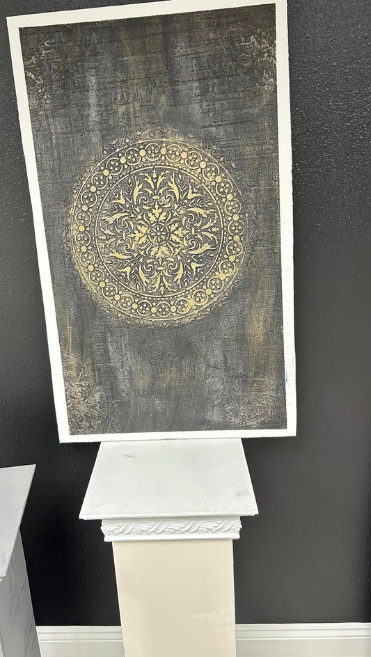 accent wall design in black marmorino plaster and bronze stencil