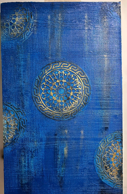 accent wall in royal blue and gold stencils