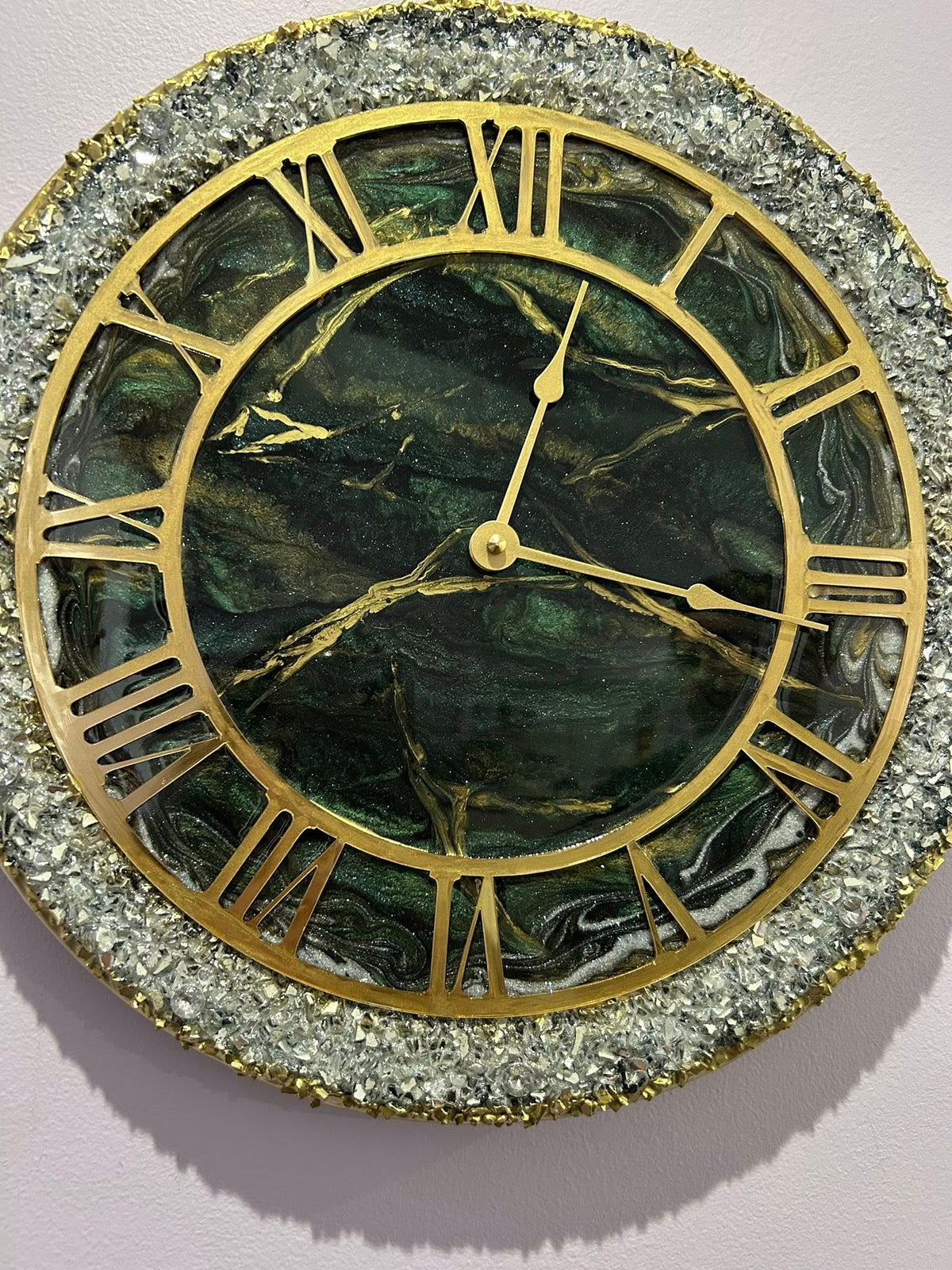 clock with green and withe metallic epoxy and gold accents
