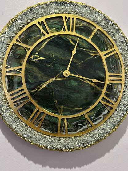 clock with green and withe metallic epoxy and gold accents